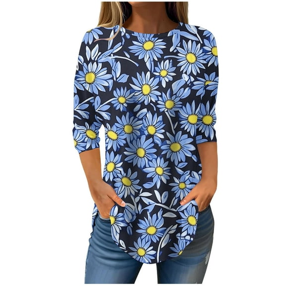 Ruimatai Women's 3/4 Sleeve Blouse Round Neck Casual Loose Tops Polyester Comfortable Fashion Summer Spring Pullover Shirt Daily Wear