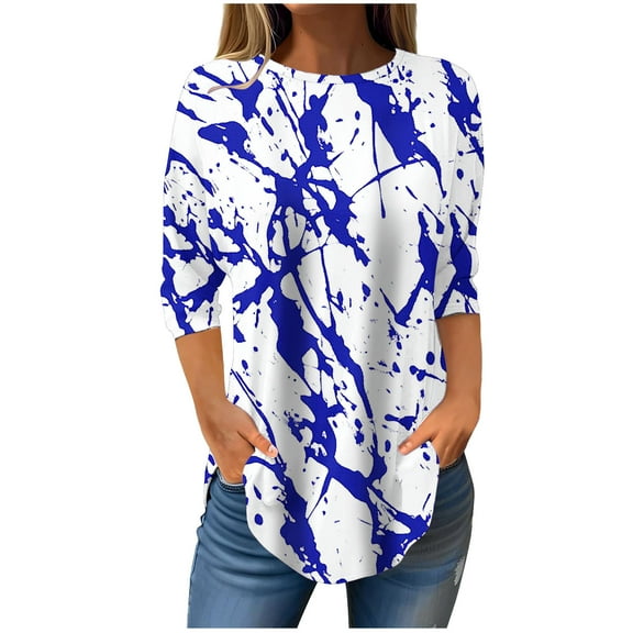 Ruimatai Women's 3/4 Sleeve Blouse Round Neck Casual Loose Tops Polyester Comfortable Fashion Summer Spring Pullover Shirt Daily Wear
