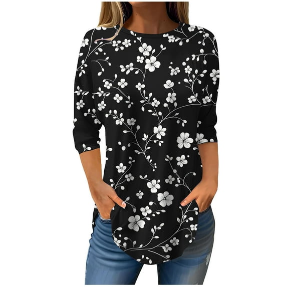 Ruimatai Women's 3/4 Sleeve Blouse Round Neck Casual Loose Tops Polyester Comfortable Fashion Summer Spring Pullover Shirt Daily Wear