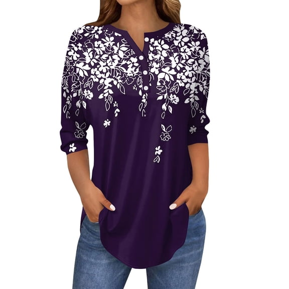 Ruimatai Women's 3/4 Sleeve Button Down Top Color Block Printed Blouse Fashionable Round Neck Casual Shirt