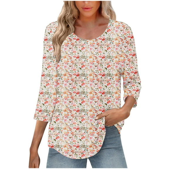Ruimatai Women's 3/4 Sleeve Pleated Tunic Top Casual Round Neck Printed Blouse Fashion Loose Fit Comfortable Stretch Polyester