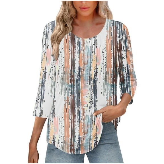 Ruimatai Women's 3/4 Sleeve Pleated Tunic Top Casual Round Neck Printed Blouse Fashion Loose Fit Comfortable Stretch Polyester