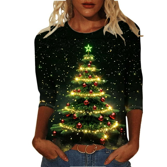 Ruimatai Women's 3/4 Sleeve Plus Size Tops Ugly Christmas Print Casual Party T-Shirts Basic Crewneck Loose Fit Blouse Womens Tunic Tee