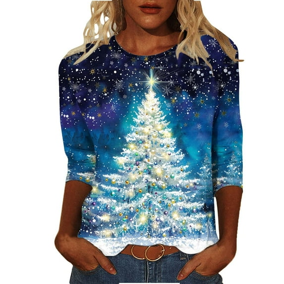 Ruimatai Women's 3/4 Sleeve Plus Size Tops Ugly Christmas Print Casual Party T-Shirts Basic Crewneck Loose Fit Blouse Womens Tunic Tee