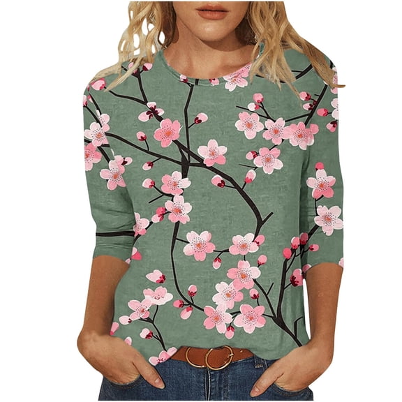 Ruimatai Women's 3/4 Sleeve Round Neck Top Loose Comfortable Casual Shirt Spring Summer Tunic Blouse Soft Breathable Stretchy Tee