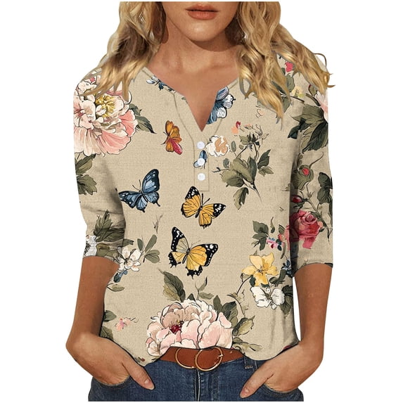 Ruimatai Women's 3/4 Sleeve V-Neck Button Down Shirt Casual Flowy Blouse with Pockets Comfortable Stylish Printed Tops for Women