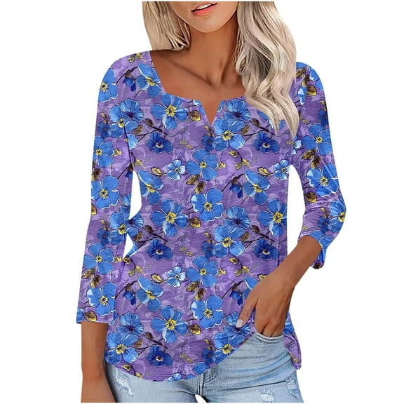 Ruimatai Women's 3/4 Sleeve V-Neck T-Shirt Casual Loose Fit Printed Blouse Comfortable Soft Stretchy Polyester Spandex Top for Daily Wear Travel Work