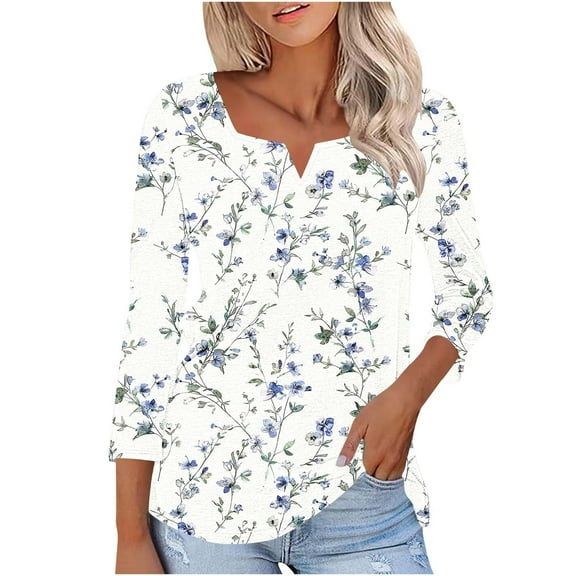 Ruimatai Women's 3/4 Sleeve V-Neck T-Shirt Casual Loose Fit Printed Blouse Comfortable Soft Stretchy Polyester Spandex Top for Daily Wear Travel Work