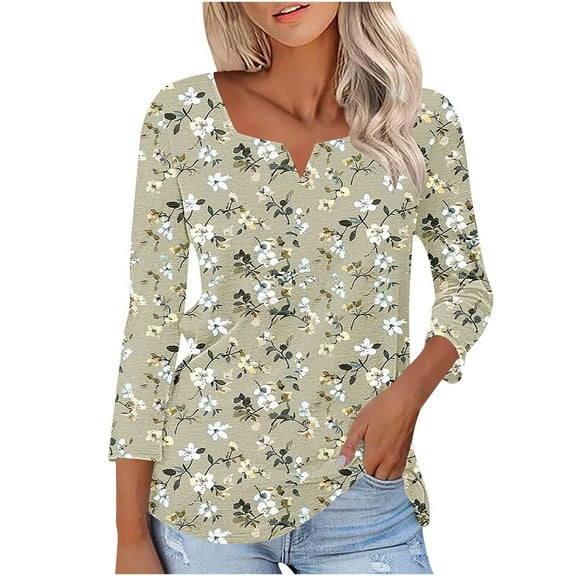 Ruimatai Women's 3/4 Sleeve V-Neck T-Shirt Casual Loose Fit Printed Blouse Comfortable Soft Stretchy Polyester Spandex Top for Daily Wear Travel Work