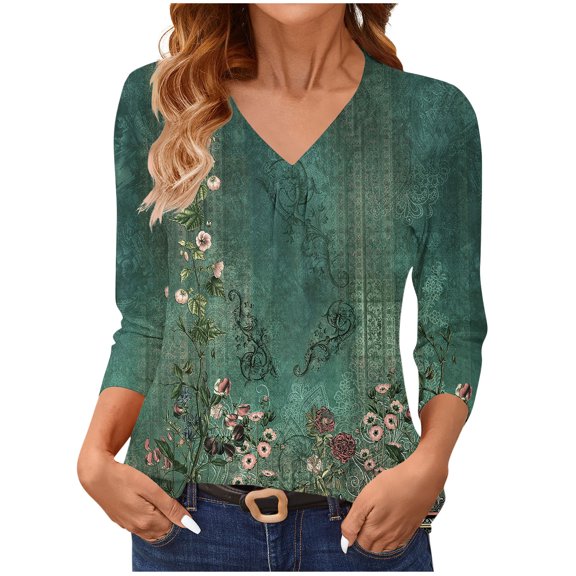 Ruimatai Women's 3/4 Sleeve V-Neck T-Shirt Casual Printed Blouse Soft Stretch Polyester Top Tee Shirt for Daily Wear