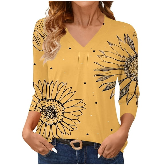 Ruimatai Women's 3/4 Sleeve V-Neck T-Shirt Casual Printed Blouse Soft Stretch Polyester Top Tee Shirt for Daily Wear