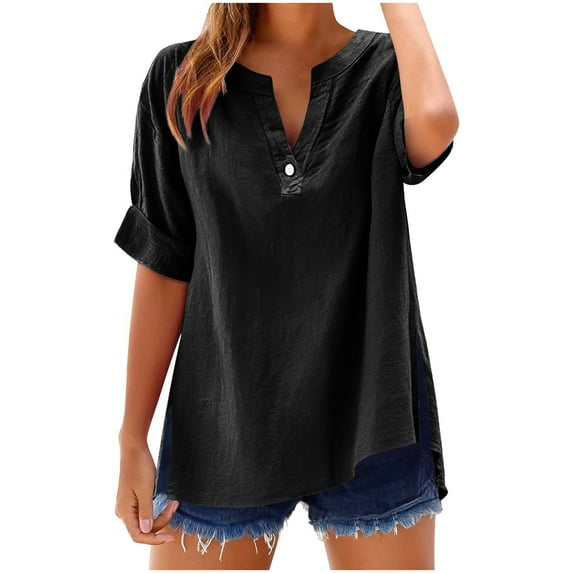 Ruimatai Women's 3/4 Sleeve V-Neck Top Solid Color Button Down Blouse Split Hem Casual Fashion Tunic Shirt