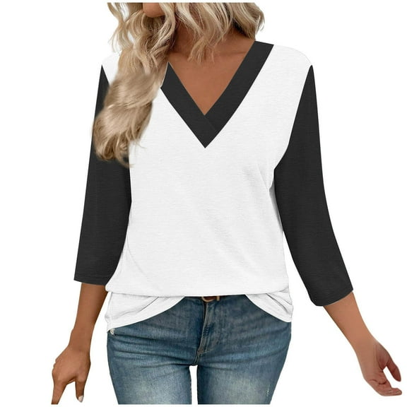 Ruimatai Women's 3/4 Sleeve V-Neck Tshirt Casual Loose Fit Blouse Soft Comfortable Fashion Top for Daily Home Wear
