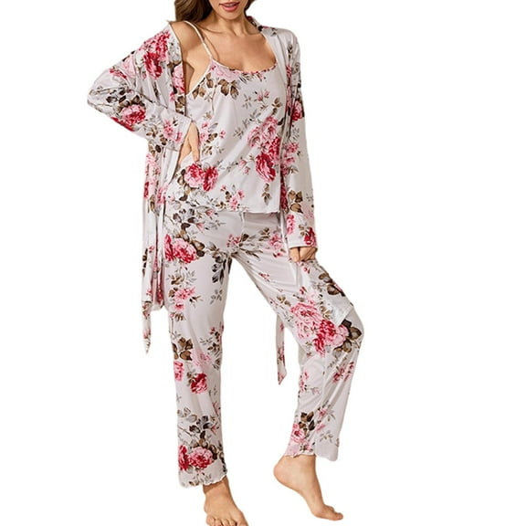 Ruimatai Women's 3-Piece Pajama Set Soft Milk Silk Pajamas Long Sleeve Top with Pants Comfortable Home Sleepwear Loungewear