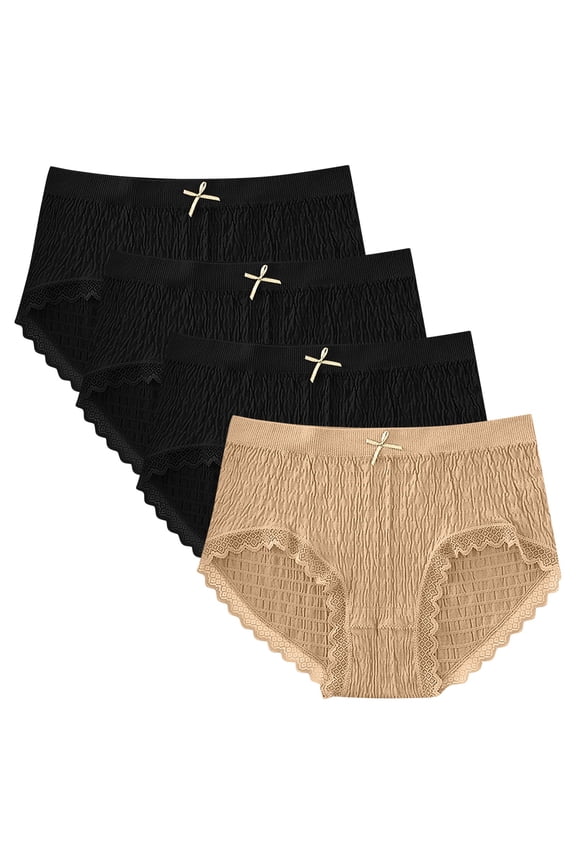 Women's 4-Pack Seamless Bubble Panties Mid Rise Lace Trim Comfortable Breathable Modal Fabric Hip Lift Underwear