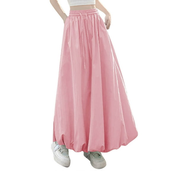 Ruimatai Women's A-Line Lantern Skirt Solid Color High Waist Elastic Waistband Casual Flowy Midi Skirt for Daily Wear
