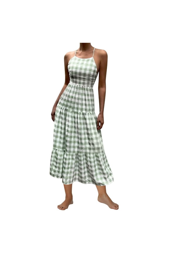 Women's Backless Long Dress Green White Checkered Sleeveless Summer Vacation Beach Party Elegant Sexy Casual Maxi Dress