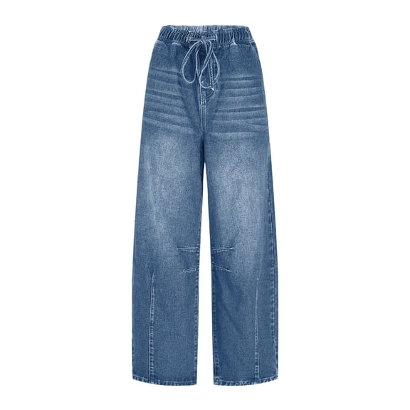 Ruimatai Women's Barrel Jeans High Waisted Wide Leg Pants with Drawstring Comfort Fit Soft Denim Casual Loose Trouser with Pockets