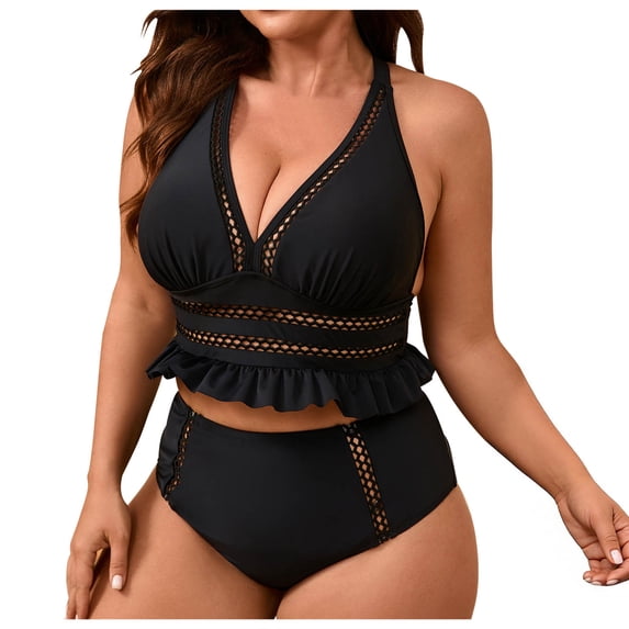 Ruimatai Women's Bikini Swimsuit High Waisted Mesh Patchwork Underwire Plus Size Two Piece Bathing Suit with Removable Padded Bra