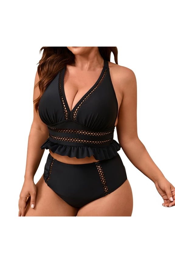 Women's Bikini Swimsuit High Waisted Mesh Patchwork Underwire Plus Size Two Piece Bathing Suit with Removable Padded Bra