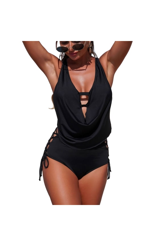 Women's Bikini Swimsuit V-Neck Cross Back Side Tie Two-Piece Set with Push-Up Padded Top and Adjustable Design for Beach Pool Vacation