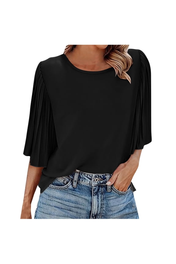Women's Blouse Chiffon Pleated Flare Sleeve Back Button Up Round Neck Top Elegant and Comfortable Casual Shirt