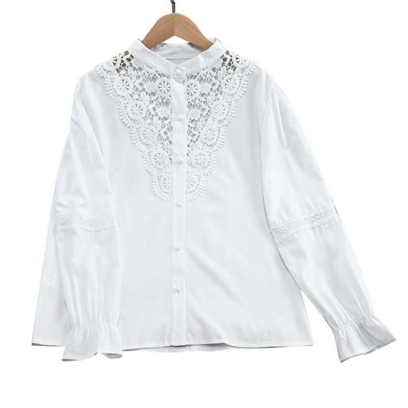 Ruimatai Women's Blouse Long Sleeve Lace Top Elegant Stand Collar Casual Shirt Solid Color Button Down Blouse Polyester