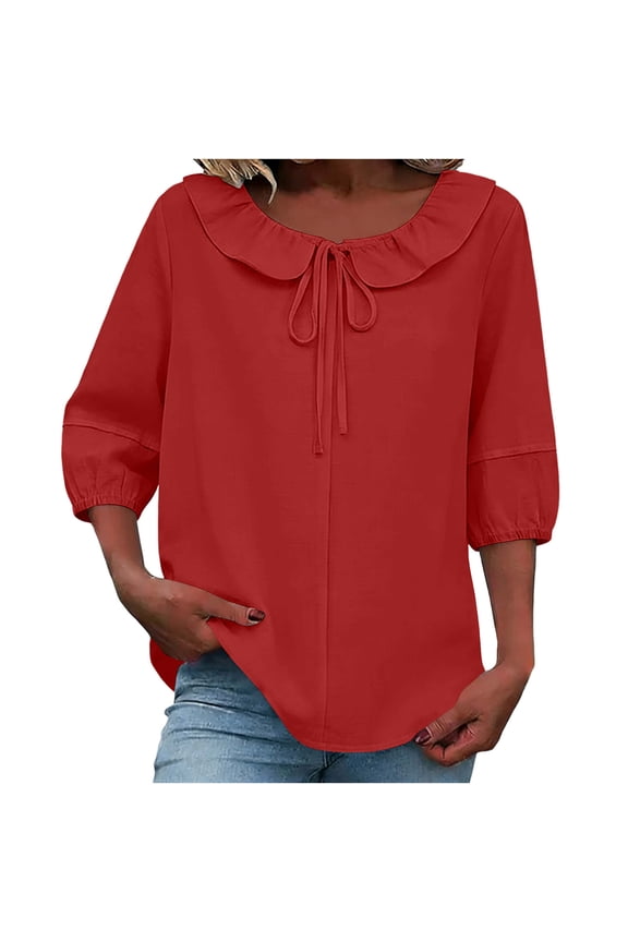 Women's Blouse Puff Sleeve Ruffle Collar Drawstring 3/4 Sleeve Linen-Like Casual Top, Breathable Comfortable Summer Tunic Shirt with Flowy Design