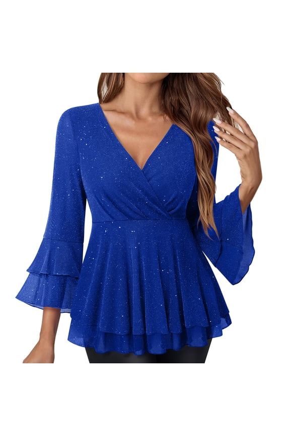 Women's Blouse Ruffled Glittering Gold Hot Stamping 3/4 Sleeve Elegant Collar Double Layer Mesh Top Stylish Casual Shirt