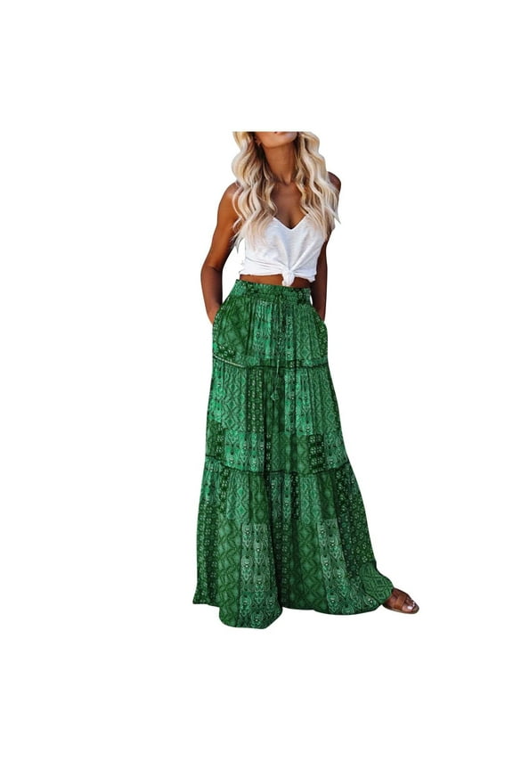 Women's Bohemian Floral Print High Waist Maxi Skirt with Side Pockets, Loose Flowy Casual Long Skirt for Party Vacation Work All Season