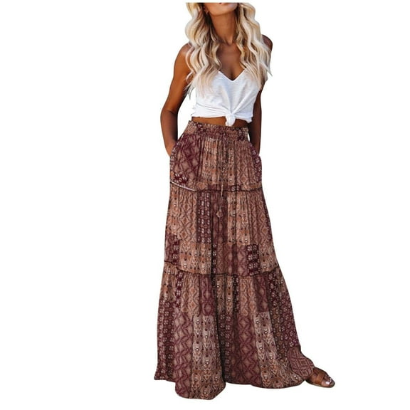 Ruimatai Women's Bohemian Floral Print High Waist Maxi Skirt with Side Pockets, Loose Flowy Casual Long Skirt for Party Vacation Work All Season