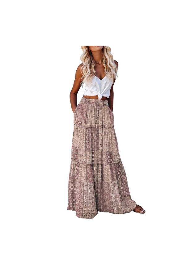 Women's Bohemian Floral Print High Waist Maxi Skirt with Side Pockets, Loose Flowy Casual Long Skirt for Party Vacation Work All Season