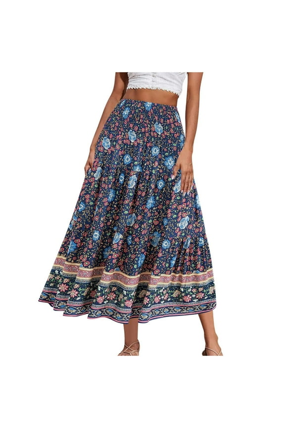 Women's Bohemian Maxi Skirt Flowy High Waist Floral Print Long Skirt A-Line Pleated Beach Summer Skirt Elastic Waist Lightweight Comfortable