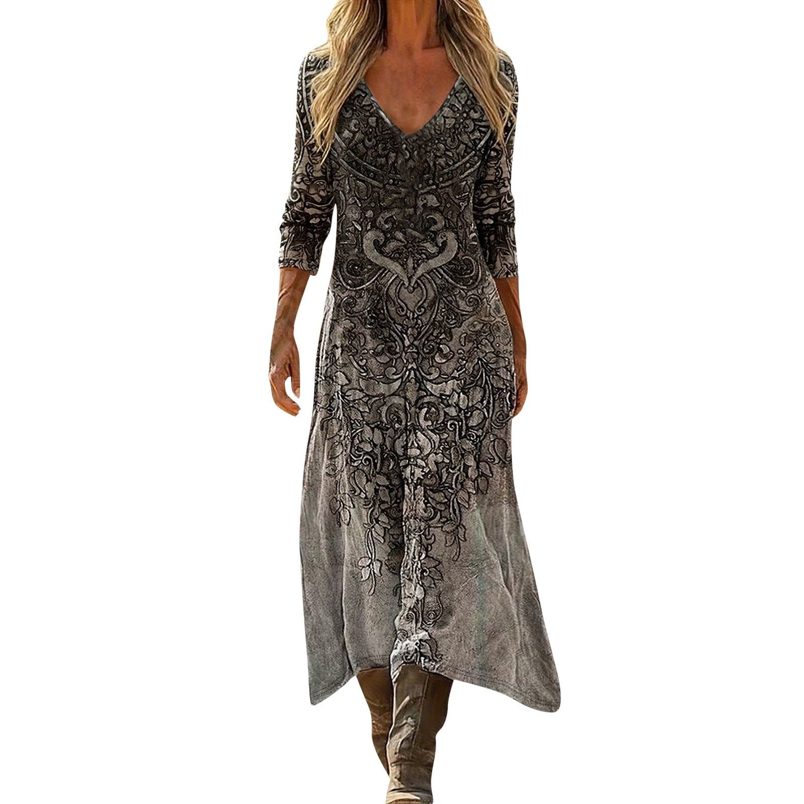 Ruimatai Women's Bohemian V-Neck Floral Print Long Sleeve Dress Elegant ...