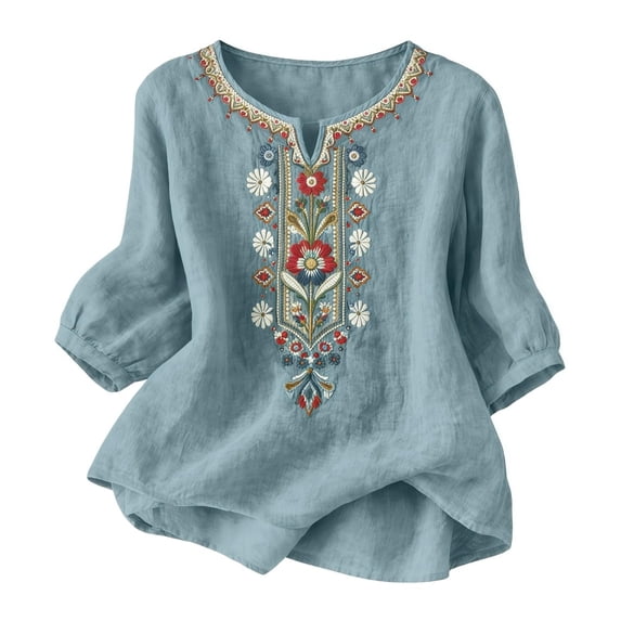 Ruimatai Women's Boho Embroidered Linen Blouses 3/4 Sleeve V Neck Tunic Tops Casual Floral Embellished Shirts for Summer