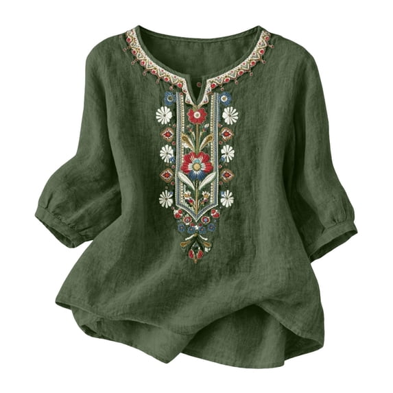 Ruimatai Women's Boho Embroidered Linen Blouses 3/4 Sleeve V Neck Tunic Tops Casual Floral Embellished Shirts for Summer