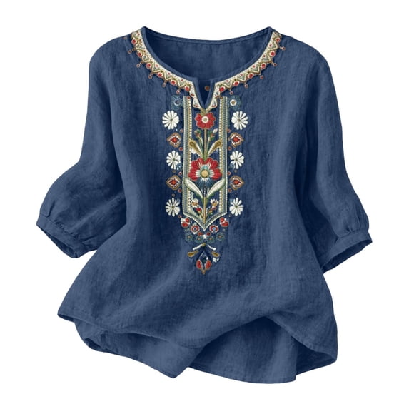 Ruimatai Women's Boho Embroidered Linen Blouses 3/4 Sleeve V Neck Tunic Tops Casual Floral Embellished Shirts for Summer