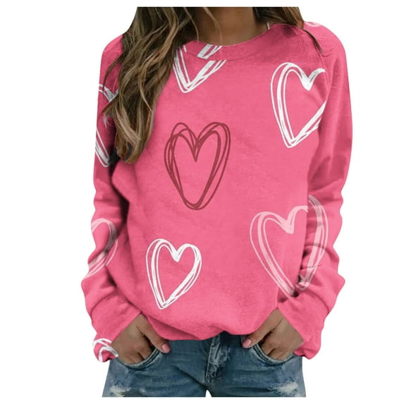 Ruimatai Women's Valentine's Day Heart Print Plus Size Crewneck Sweatshirt Casual Long Sleeve Pullover Top