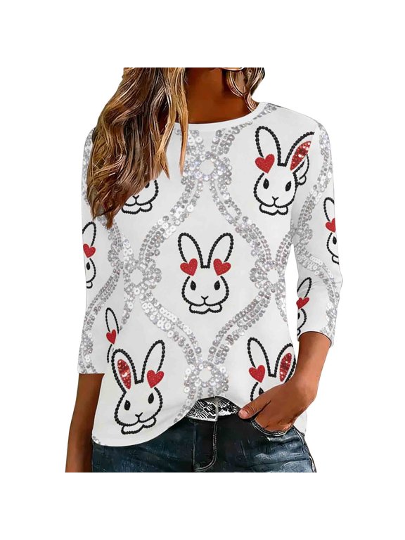 Women's Casual 3/4 Sleeve Blouse Easter Retro Print Round Neck Summer Top Soft Flowy T-Shirt