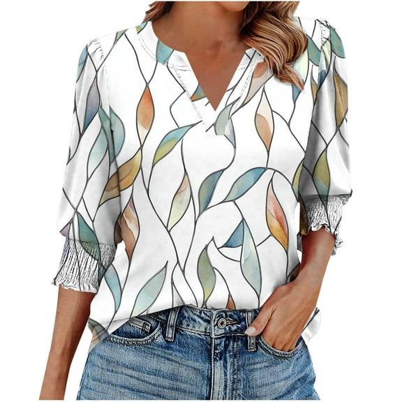 Ruimatai Women's Casual 3/4 Sleeve Blouse Floral Printed Smocked Cuff Tunic Top Comfortable Stretchy Soft Fabric
