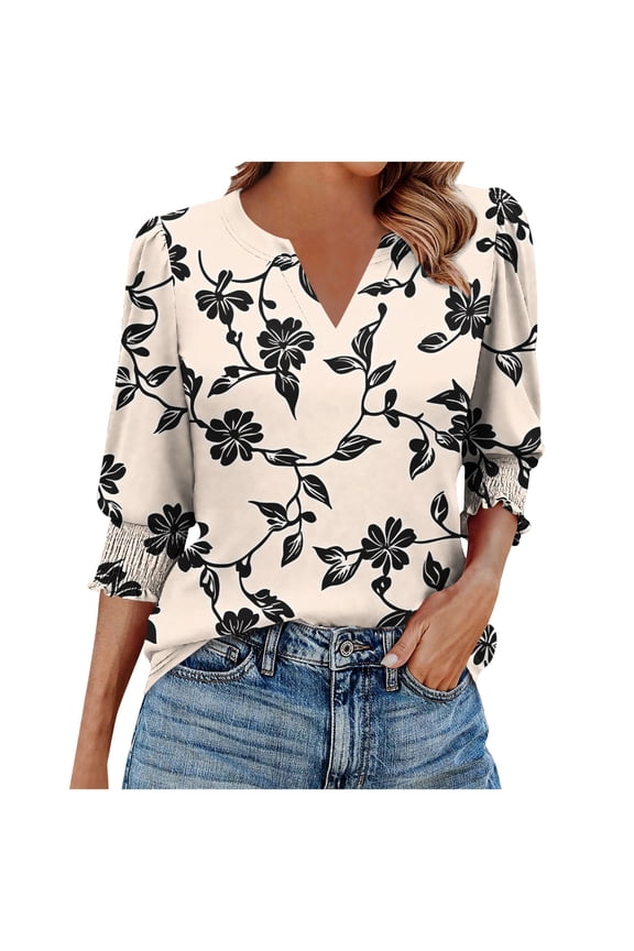 Women's Casual 3/4 Sleeve Blouse with Smocked Cuffs, Flowy Printed Tunic Top, Comfortable Stretch Fabric, Versatile Loose Fit for Everyday Wear