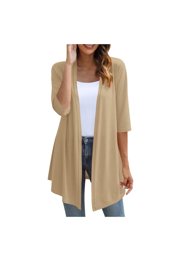 Women's Casual 3/4 Sleeve Cardigan Lightweight Soft Open Front Sweater Comfortable Loungewear Stretchy Polyester Blend Home Office Wear