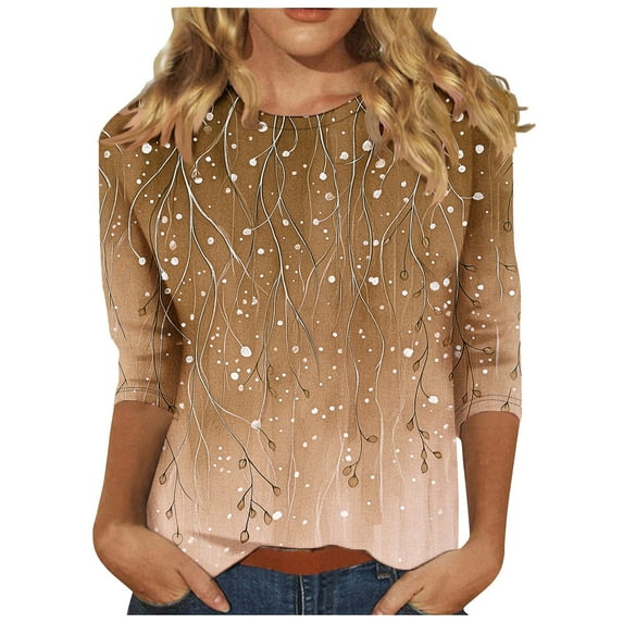 Ruimatai Women's Casual 3/4 Sleeve T-Shirt Round Neck Blouse Comfortable Fashion Printed Top for Spring Summer Party Work