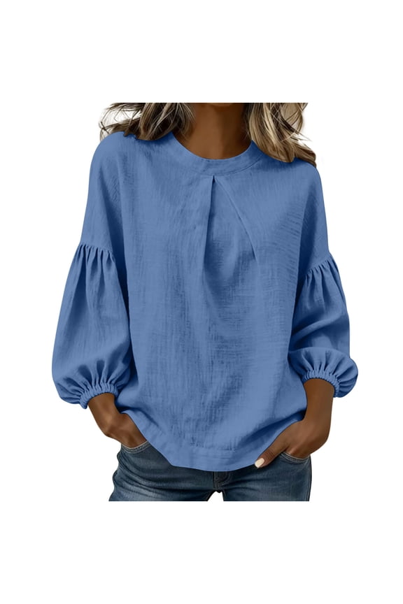 Women's Casual Blouse 3/4 Sleeve Round Neck Loose Pullover Top with Puff Sleeves and Wrinkle Design
