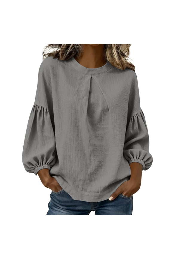 Women's Casual Blouse 3/4 Sleeve Round Neck Loose Pullover Top with Puff Sleeves and Wrinkle Design