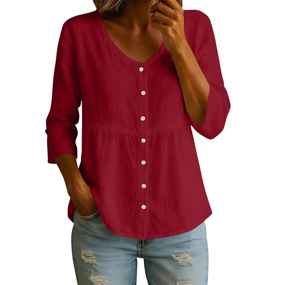 Ruimatai Women's Casual Button Down Blouses 3/4 Sleeve V Neck Ruffled Hem Linen Tops for Summer Daily Wear