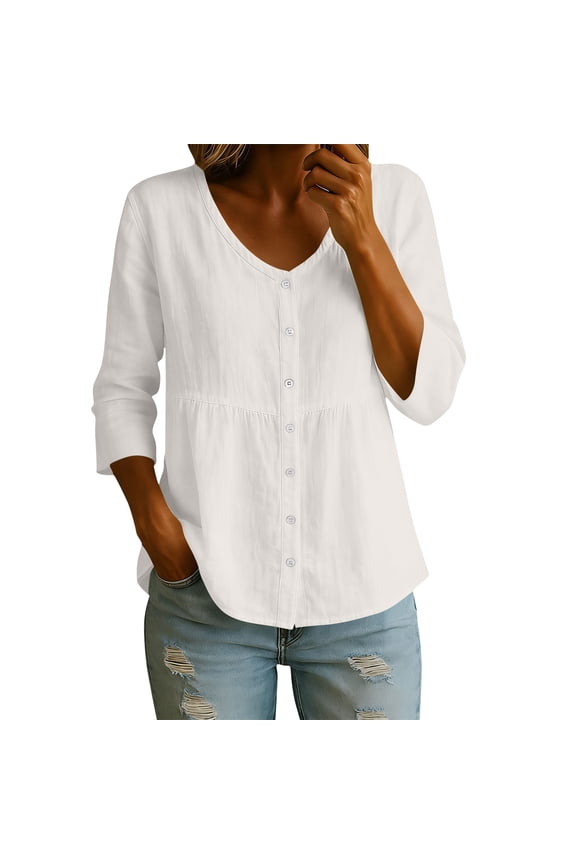 Women's Casual Button Down Blouses 3/4 Sleeve V Neck Ruffled Hem Linen Tops for Summer Daily Wear