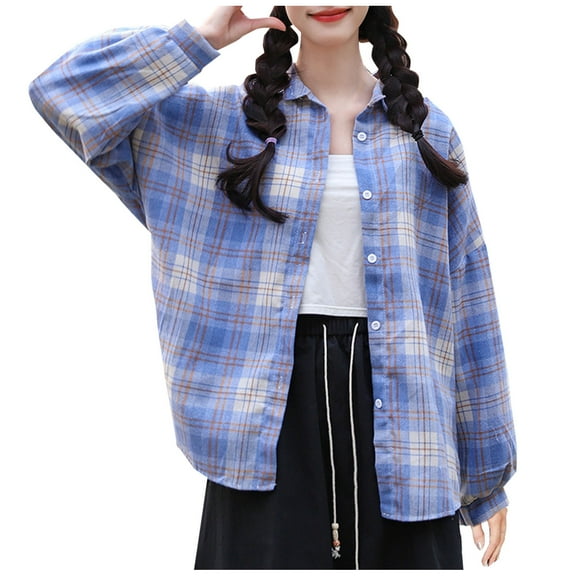 Ruimatai Women's Casual Button Down Shirt Long Sleeve Solid Color Pocket Top Flannel Plaid Lapel Collar Comfortable Soft Imitation Rayon Shirt Jacket