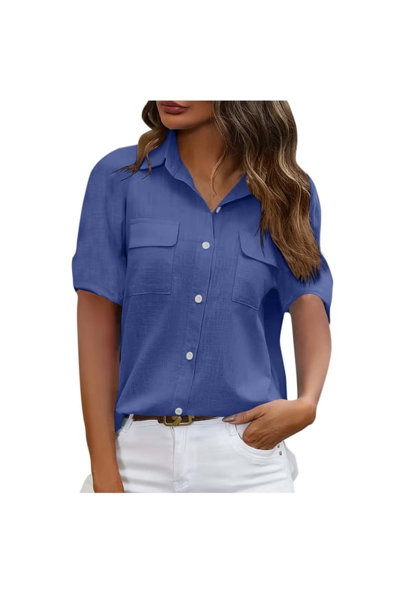 Women's Casual Button Down Shirt Short Sleeve Blouse with Two Pockets Comfortable Linen-Like Polyester Top for Daily Wear
