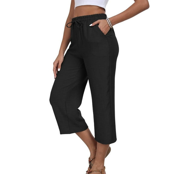 Ruimatai Women's Casual Capris Pants with Pockets, Soft Cotton Linen Blend Pull-On Trousers for Lounge Wear and Outdoor Activities, Comfortable Elastic Waist Seven Length